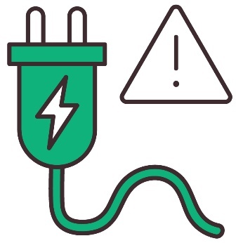 A power plug with an electricity icon next to a problem icon.