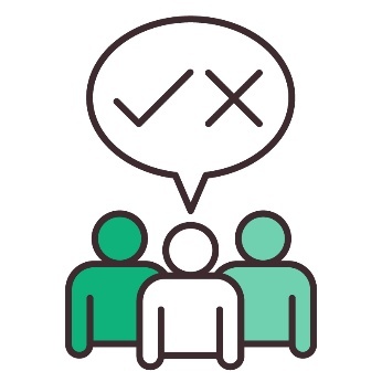 3 people with a speech bubble above showing a tick and a cross.