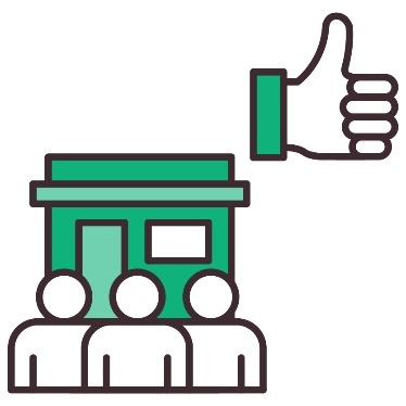 3 people standing in front of a building with a thumbs up icon above.