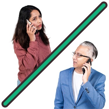 2 people speaking on phones. There is a line between them.