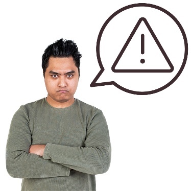 A person who has their arms crossed. They have a speech bubble with a problem icon.