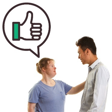 A person talking to their representative. They have a speech bubble showing a thumbs up.