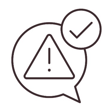 A speech bubble showing a problem icon and a small tick icon above it.