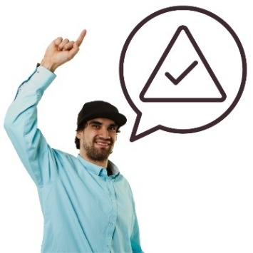 A person with their hand raised. They have a comment bubble showing a problem icon with a tick in it.
