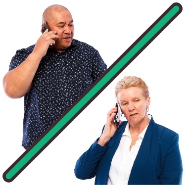2 people speaking on phones. There is a line between them.