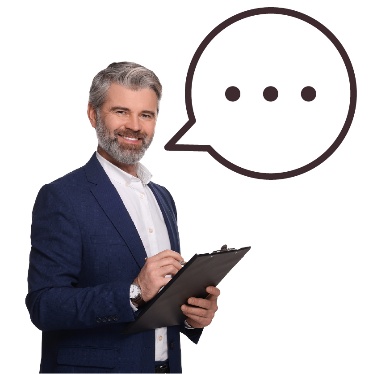 A smiling person with a clipboard. Above them is a speech bubble.