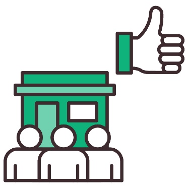 3 people in front of a building with a thumbs up icon above.