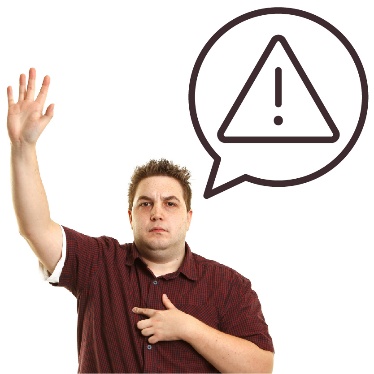 A person raising their hand. Above is a speech bubble showing a problem icon.