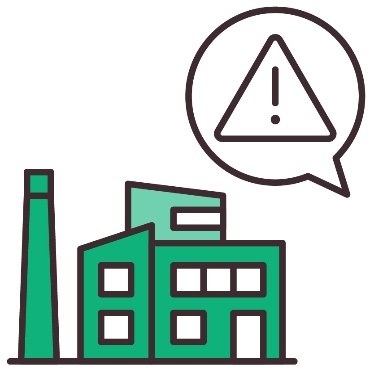 A speech bubble showing a problem icon above an energy company building.